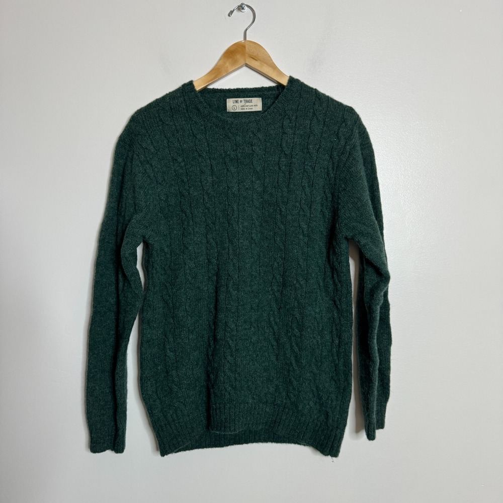 Line of Trade Sweater Mens Large Green Cable Knit 100% Shetland Wool Crew Neck